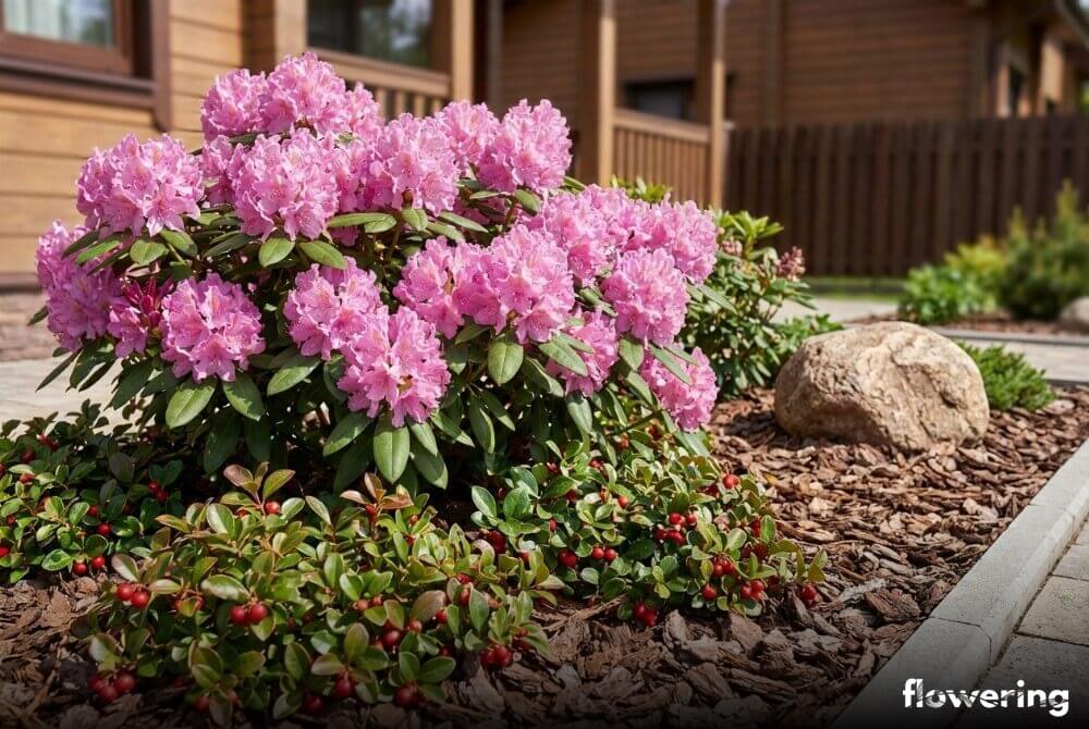 Kwitnący różanecznik z golterią rozesłaną u podstawy w słonecznym ogrodzie przy domu