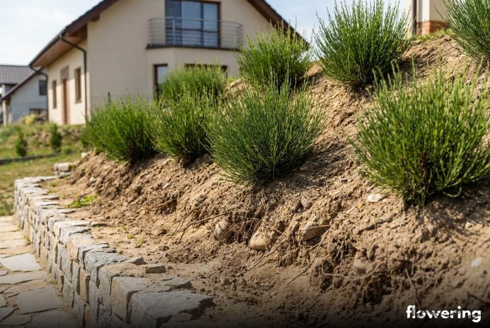 Piaszczysta skarpa w ogrodzie umocniona nasadzeniami żarnowca, w słonecznych warunkach