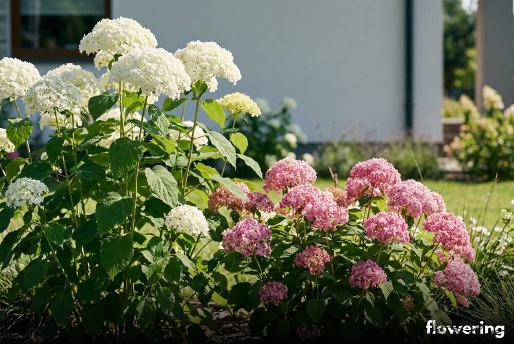 Rabata przy domu z hortensją ‘Strong Annabelle’ o białych kwiatach oraz niższą ‘Pink Annabelle’ o różowych kwiatostanach w słoneczny dzień