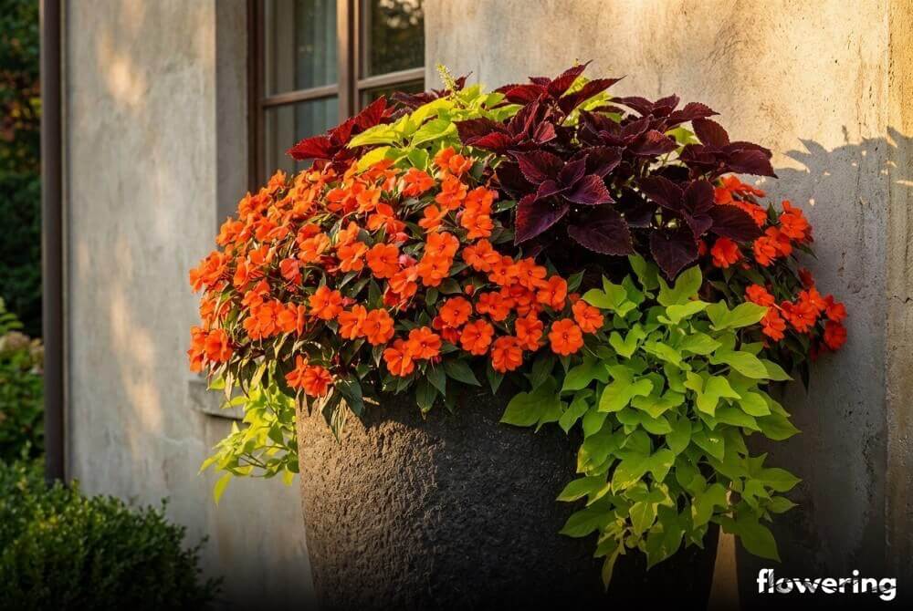 Egzotyczna aranżacja z pomarańczowych niecierpków, bordowych koleusów i limonkowego wilca ziemniaczanego