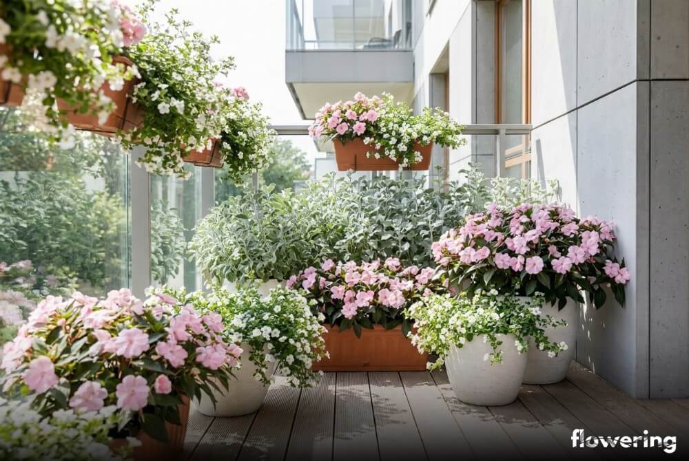 Romantyczna kompozycja z pudrowych niecierpków, białej bakopy i komarzycy w jasnym otoczeniu