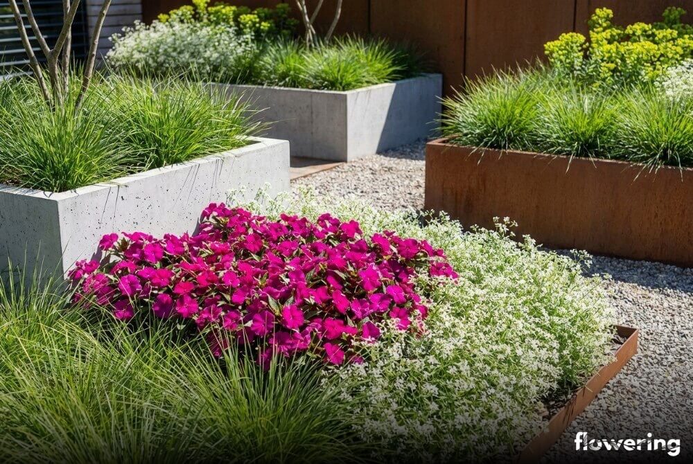 Niecierpki SunPatiens w kolorze magenty z białym wilczomleczem i trawą ozdobną w nasłonecznionym ogrodzie