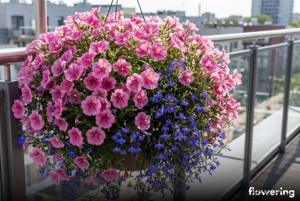 Wisząca donica z różową surfinią i błękitną lobelią tworzącymi kaskadę kwiatów