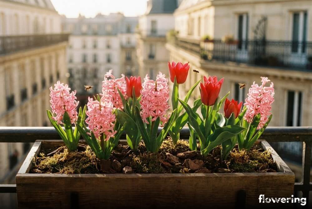 Różowe hiacynty i czerwone tulipany botaniczne w skrzynce balkonowej