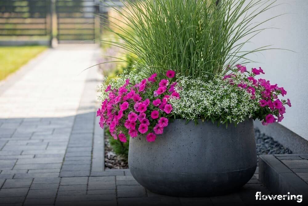 Aranżacja w dużej donicy: trawa Vertigo z Supertunią ‘Bubblegum’ i wilczomleczem ‘Diamond Frost’ w nowoczesnym ogrodzie przy domu