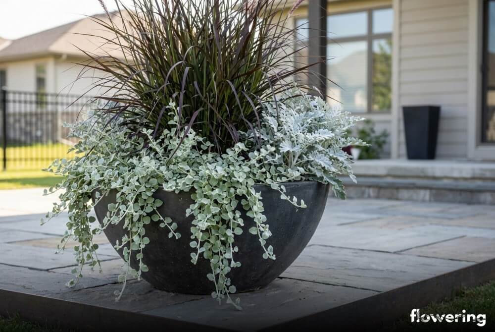 Srebrno-czarna kompozycja w donicy: trawa Vertigo z kocankami włochatymi i starcem (mrozy) na tle schludnej, nowej przestrzeni przy domu