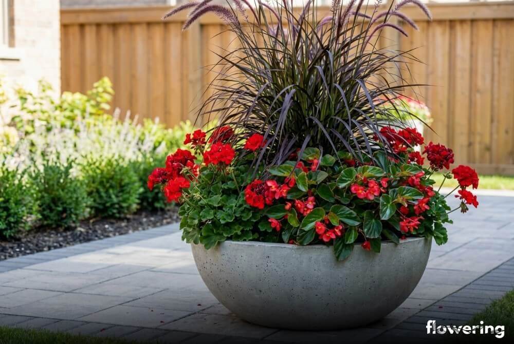 Słoneczna kompozycja w donicy: trawa Vertigo z czerwonymi pelargoniami i begonią ‘Dragon Wing’ na tle nowej, zadbanej przestrzeni ogrodowej