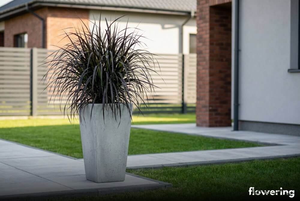 Minimalistyczna aranżacja: trawa Vertigo solo w wysokiej, geometrycznej donicy z betonu na tle nowej, schludnej infrastruktury ogrodowej