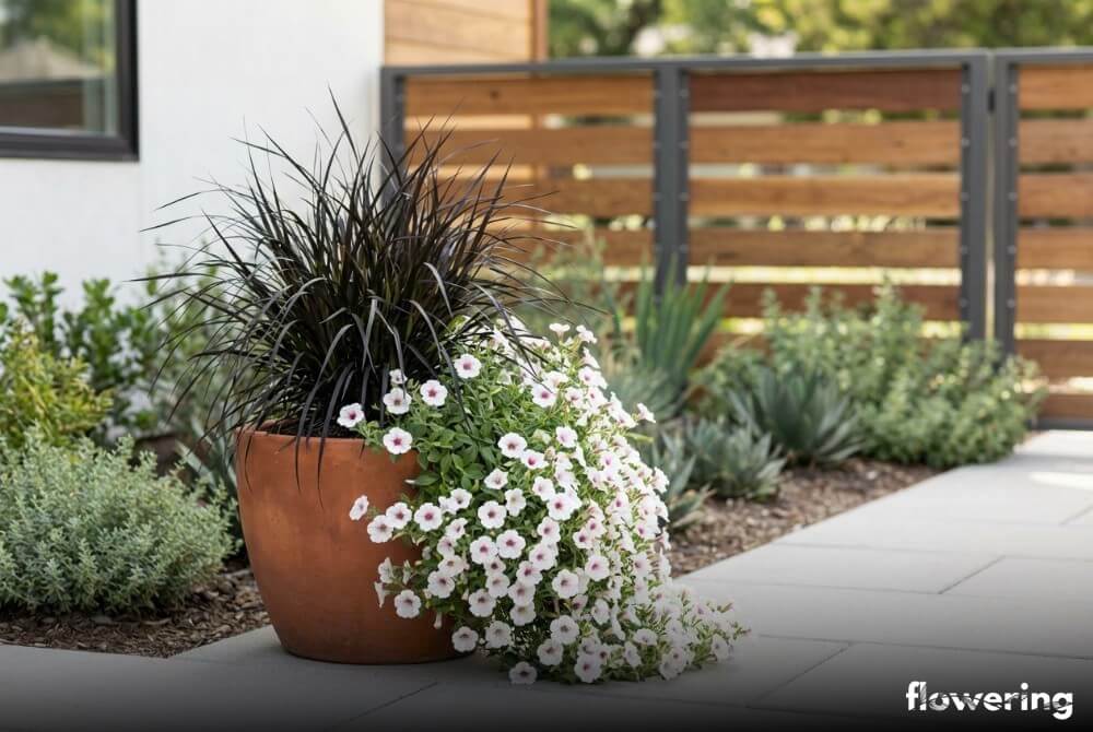 Kompozycja w ciężkiej donicy: czarna trawa Vertigo i obfita Supertunia Vista ‘Silverberry’ na tle nowej, schludnej nawierzchni ogrodowej