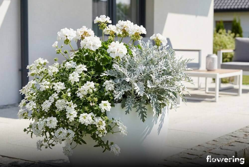 Białe kwiaty werbeny i pelargonii ze srebrzystym starcem w białej donicy