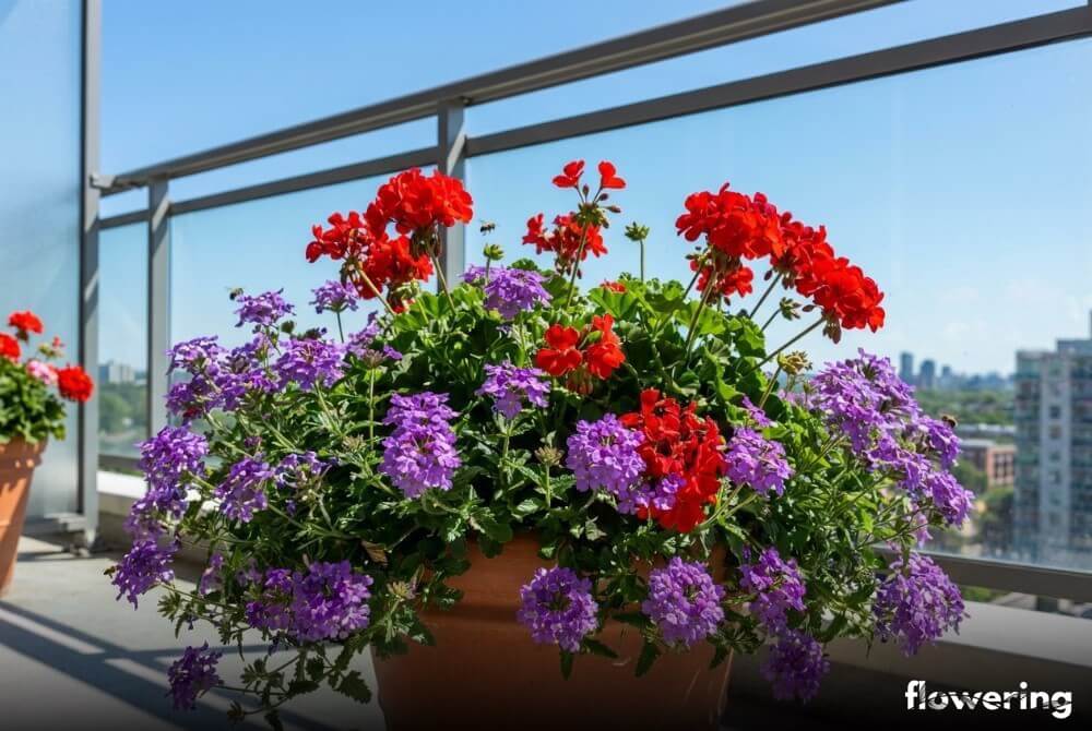 Czerwone pelargonie i fioletowa werbena w donicy na słonecznym balkonie