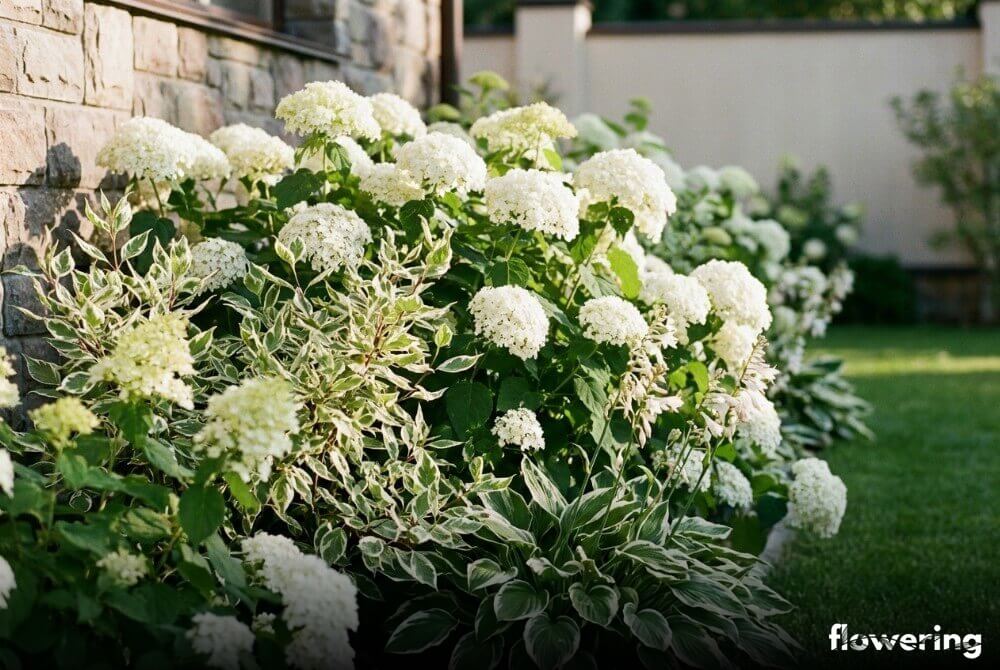 Kompozycja „White Garden” z białą hortensją, dereniem ‘Elegantissima’ i funkiami o liściach z białym marginesem w słonecznym ogrodzie