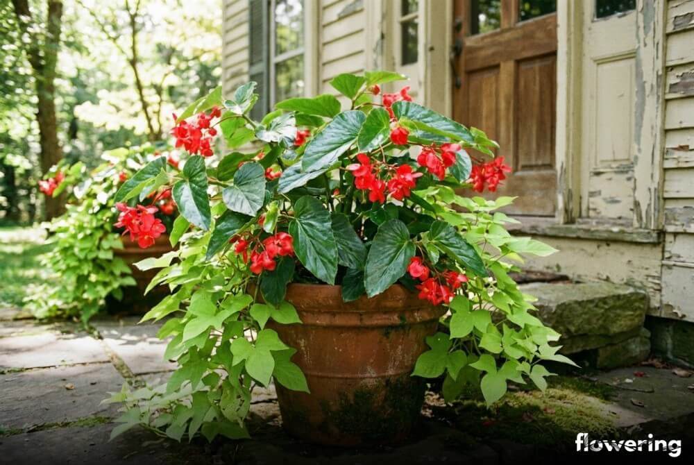 Begonia Dragon Wing o czerwonych kwiatach w parze z limonkowym wilcem w terakotowej donicy