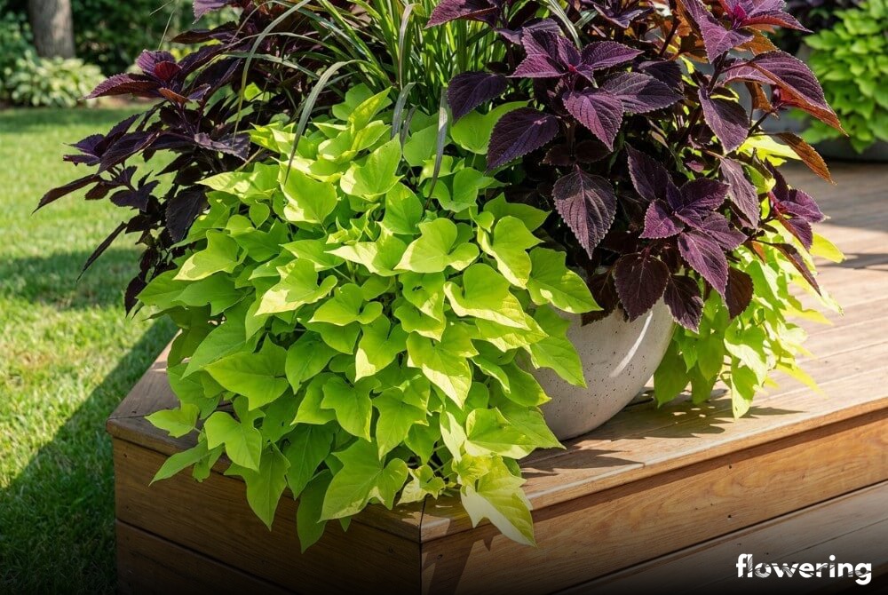 Limonkowy wilec i fioletowy koleus w nowoczesnej donicy na drewnianym podeście