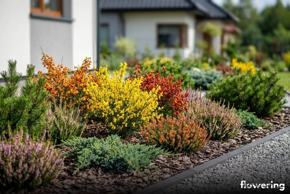 Wrzosowiskowa rabata z grupą żarnowców oraz wrzosami, wrzoścami, jałowcami i karłowymi sosnami w słońcu