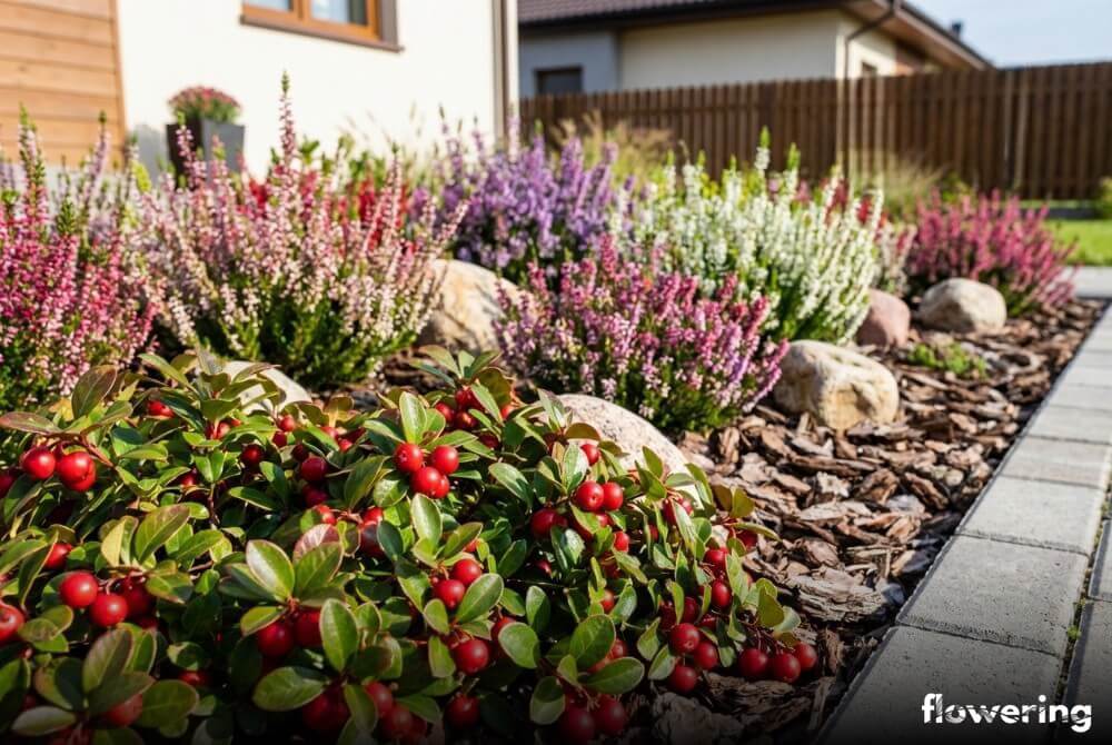 Wrzosy i wrzośce z golterią rozesłaną w kwaśnej rabacie przy domu, na słonecznym stanowisku