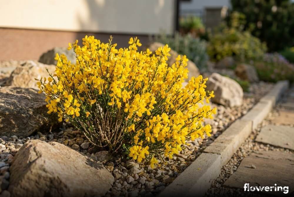 Żarnowiec ‘Allgold’ o intensywnie złocistożółtych kwiatach wśród kamieni i żwiru w słonecznym ogrodzie