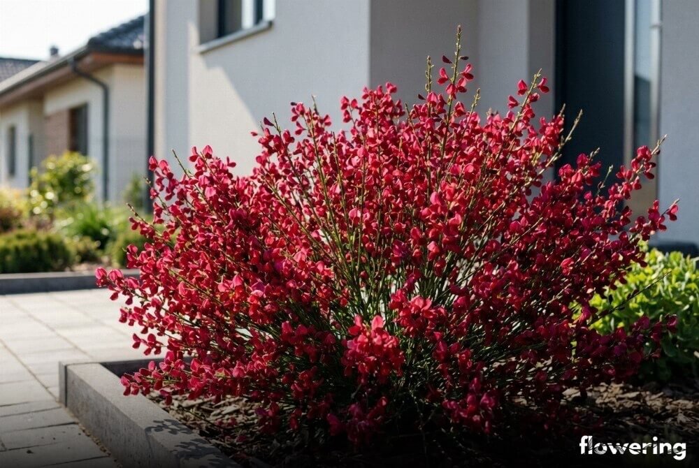 Kwitnący żarnowiec ‘Boskoop Ruby’ o rubinowoczerwonych kwiatach na rabacie w słonecznym ogrodzie