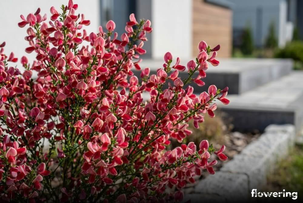 Żarnowiec ‘Burkwoodii’ z różowo-czerwonymi kwiatami i jaśniejszymi brzegami na rabacie w słońcu