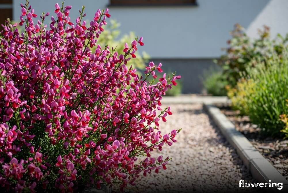 Kwitnący żarnowiec ‘Hollandia’ o różowo-purpurowych kwiatach na rabacie w słonecznym ogrodzie