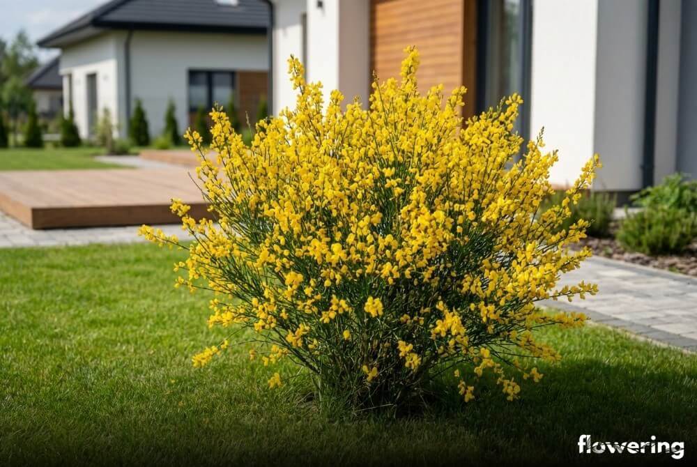 Pojedynczy żarnowiec w pełni kwitnienia jako soliter na trawniku w słonecznym ogrodzie
