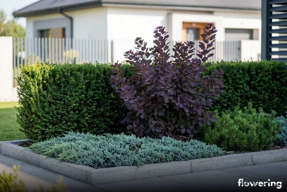 Perukowiec na tle cisów z jałowcem ‘Blue Chip’ i kosodrzewiną w słonecznym ogrodzie przy domu