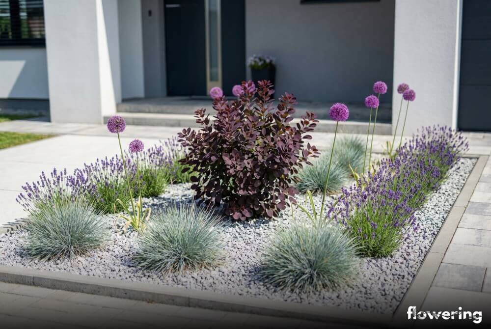 Minimalistyczna rabata żwirowa z perukowcem ‘Royal Purple’, kostrzewą siną, lawendą i czosnkiem ozdobnym w słonecznym ogrodzie