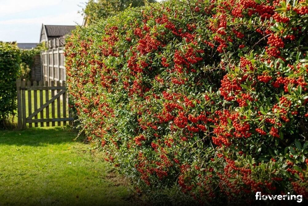 Gęsty, wysoki żywopłot z ognika z czerwonymi owocami tworzący naturalną barierę w ogrodzie