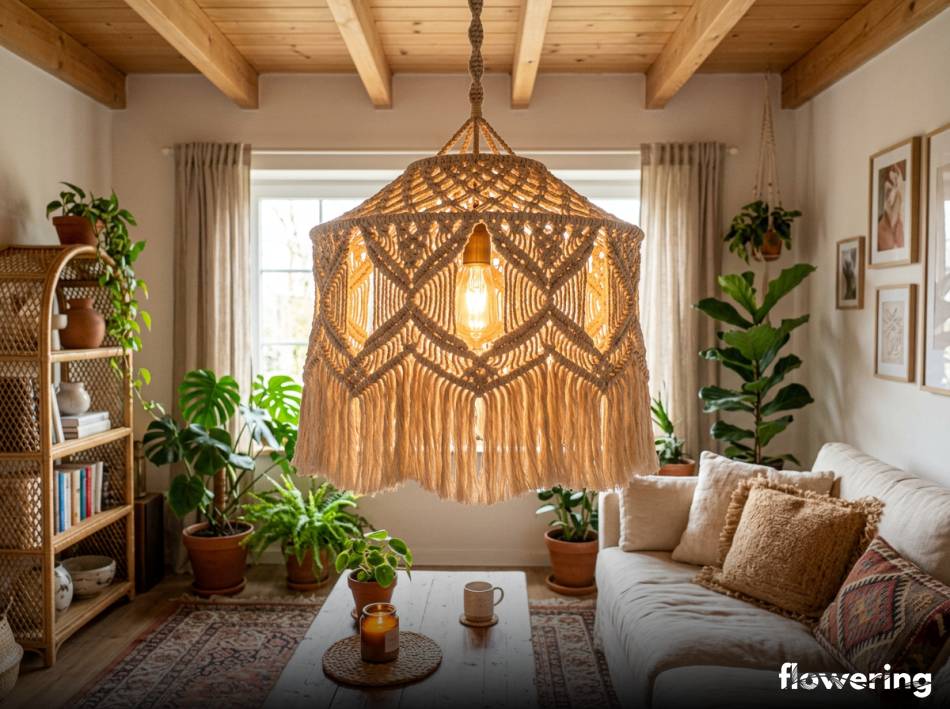 Pleciony abażur z makramy w przytulnym salonie boho