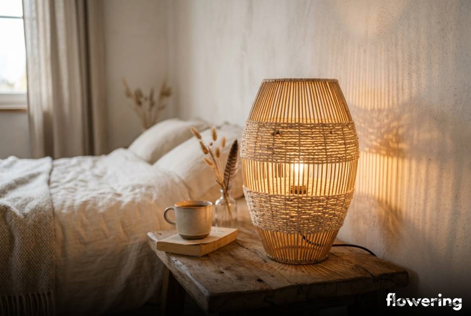 Ręcznie pleciony abażur z rattanu na drewnianej szafce nocnej