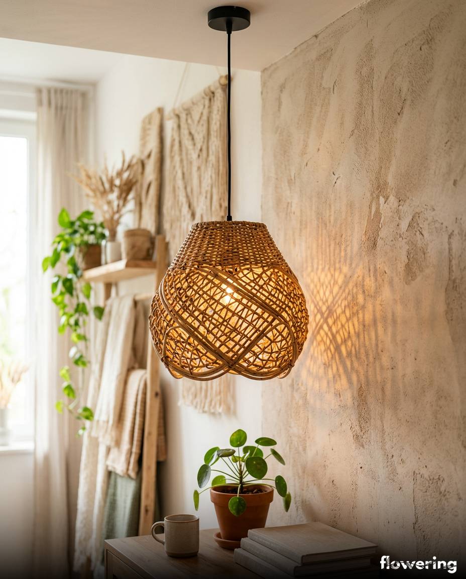 Abażur z giętego rattanu i wikliny w stylu boho