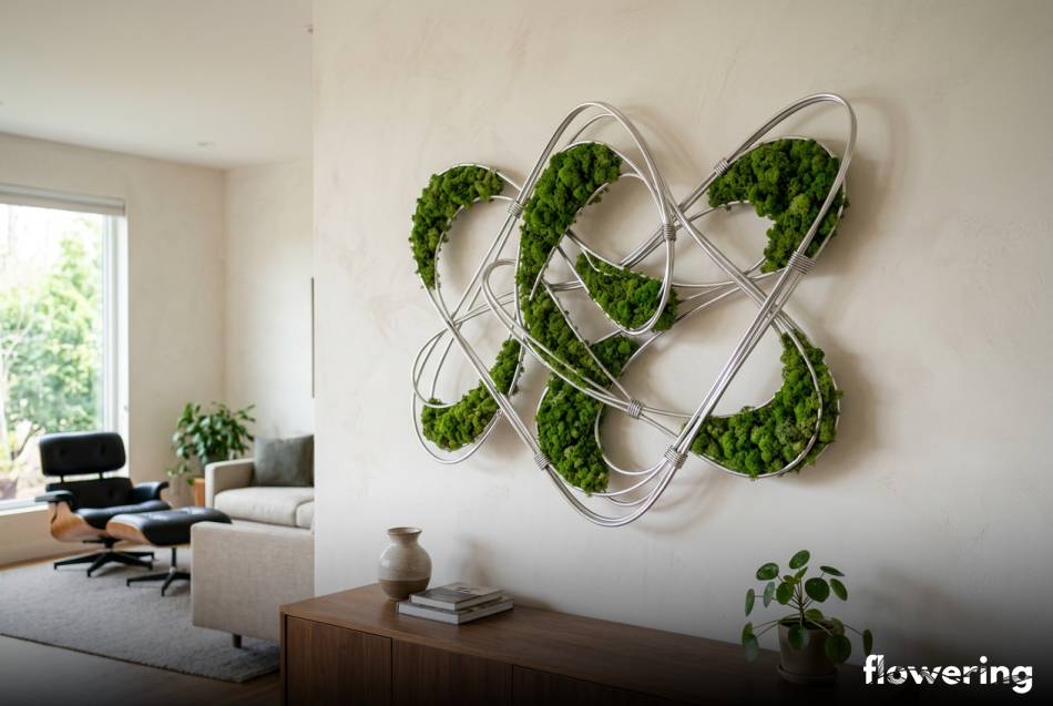 Abstrakcyjna rzeźba z drutu aluminiowego i mchu chrobotka