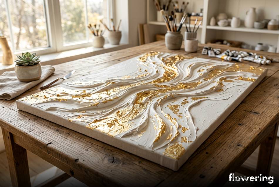 Abstrakcyjny obraz strukturalny ze złotymi płatkami na płótnie