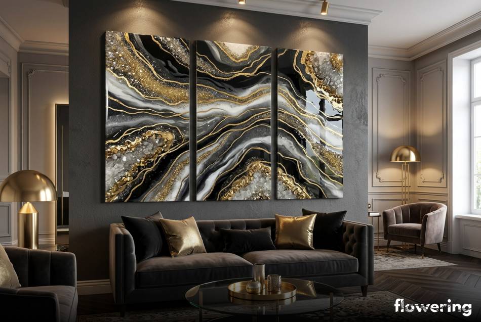 Abstrakcyjny tryptyk z żywicy epoksydowej ze złotym brokatem