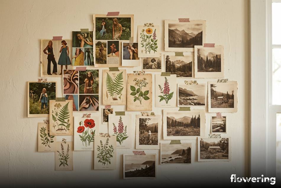 Kolaż ścienny z retro grafik i starych pocztówek