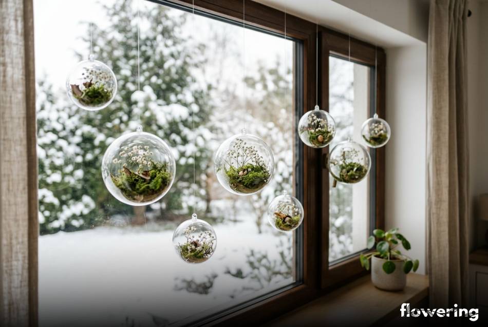 Wiszące akrylowe bombki wypełnione mchem i białą gipsówką