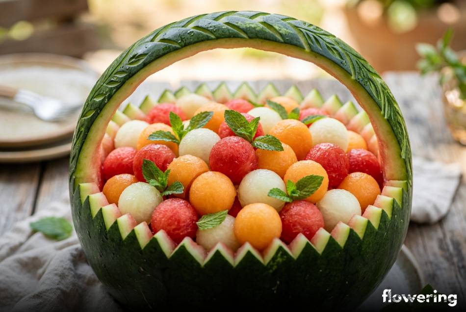 Rzeźbiony koszyk z arbuza wypełniony kolorowymi kulkami melona i miętą