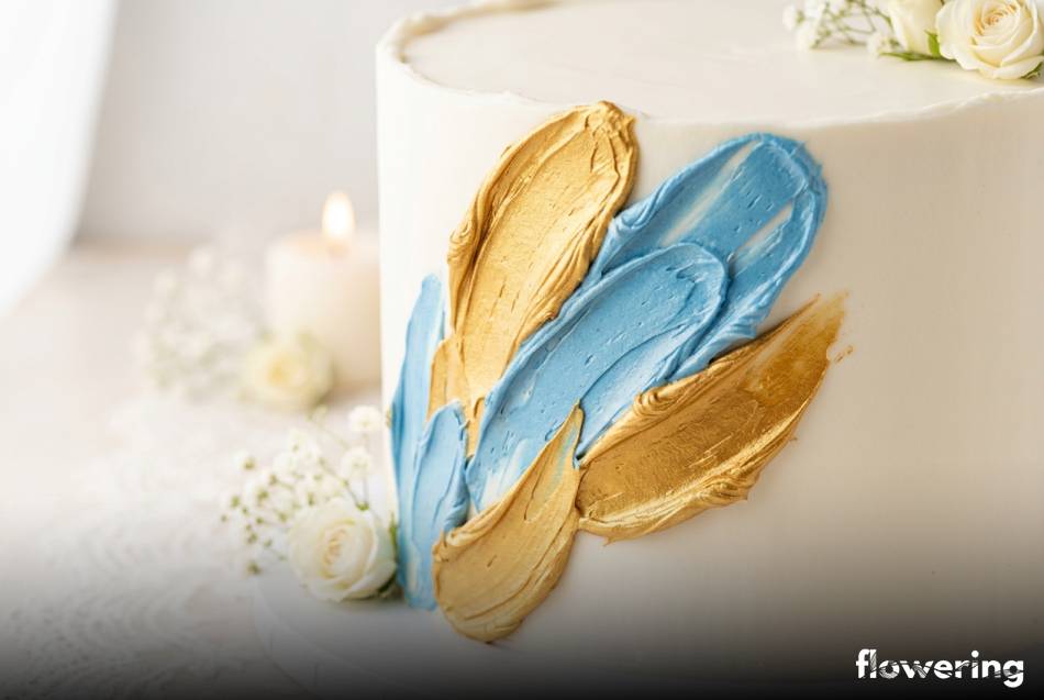 Złote i błękitne pociągnięcia masłem kakaowym na białym torcie