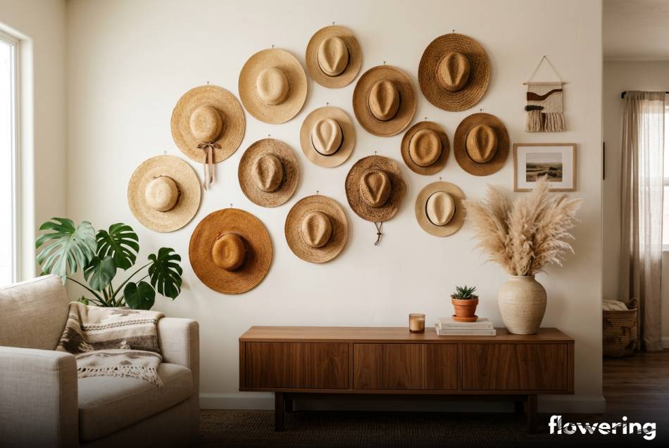 Asymetryczna kompozycja ze słomkowych kapeluszy na jasnej ścianie