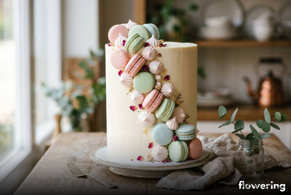 Kaskada pastelowych makaroników i mini bezików na boku tortu