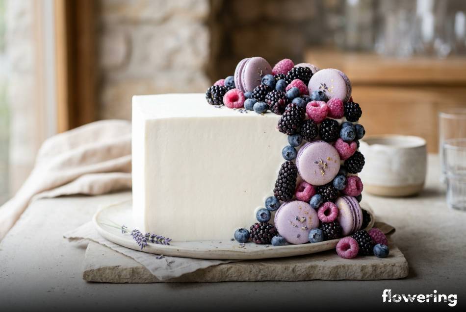 Asymetryczna dekoracja z jeżyn borówek i makaroników na rogu tortu