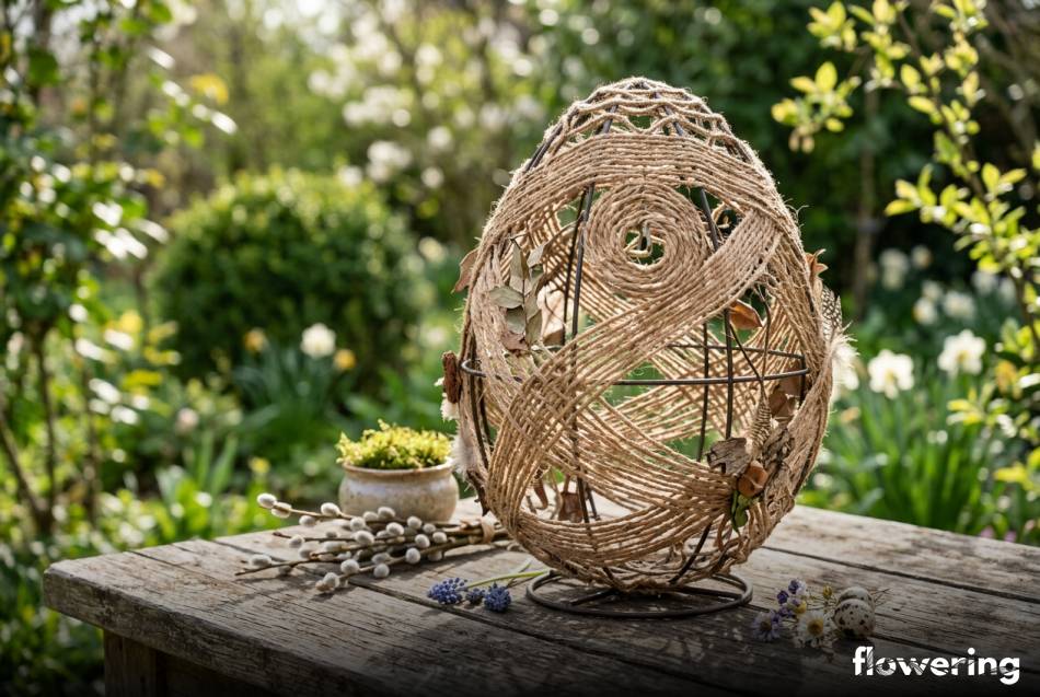 Ażurowe jajo z drutu i sznurka na drewnianym tarasie