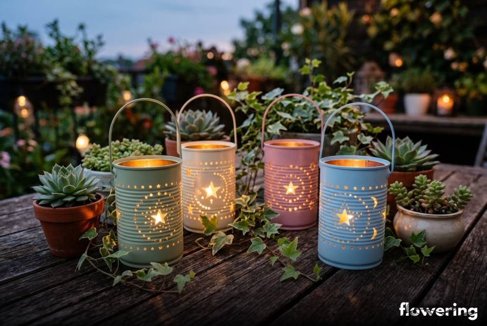 Ażurowe lampiony z puszek na drewnianym stole tarasowym