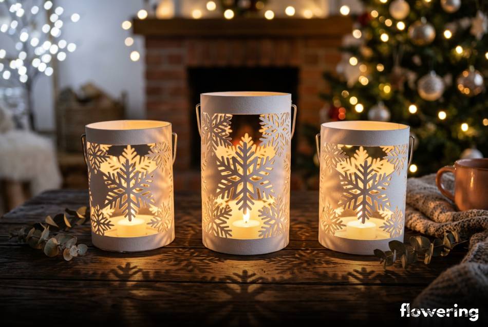 Białe lampiony z rolek z wyciętymi motywami śnieżynek