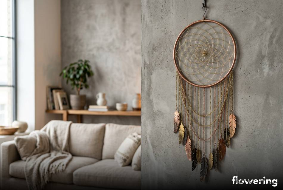 Ażurowy metalowy łapacz snów z łańcuszkami na ścianie