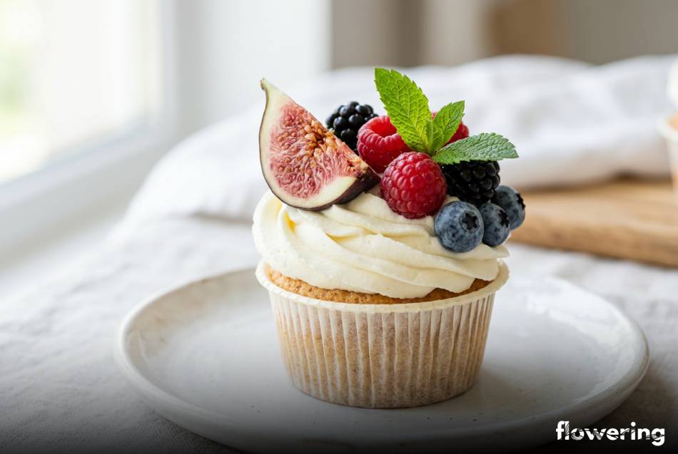 Dekoracja babeczki z kremem mascarpone figami i owocami leśnymi