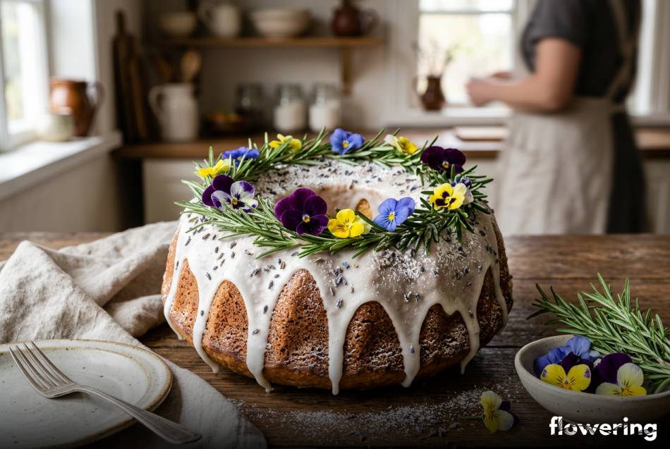 Rustykalna babka wielkanocna z bratkami i rozmarynem na drewnianym stole