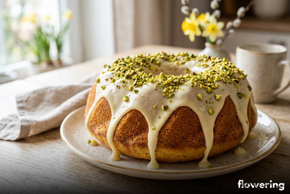 Babka wielkanocna z kremową polewą i kruszonymi pistacjami
