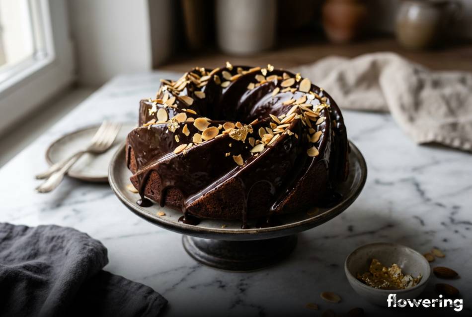 Babka wielkanocna z polewą czekoladową złotem i migdałami