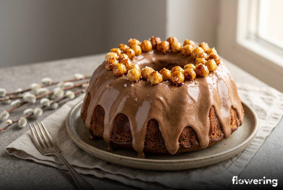 Babka wielkanocna z polewą mocha mousse i karmelizowanymi orzechami laskowymi